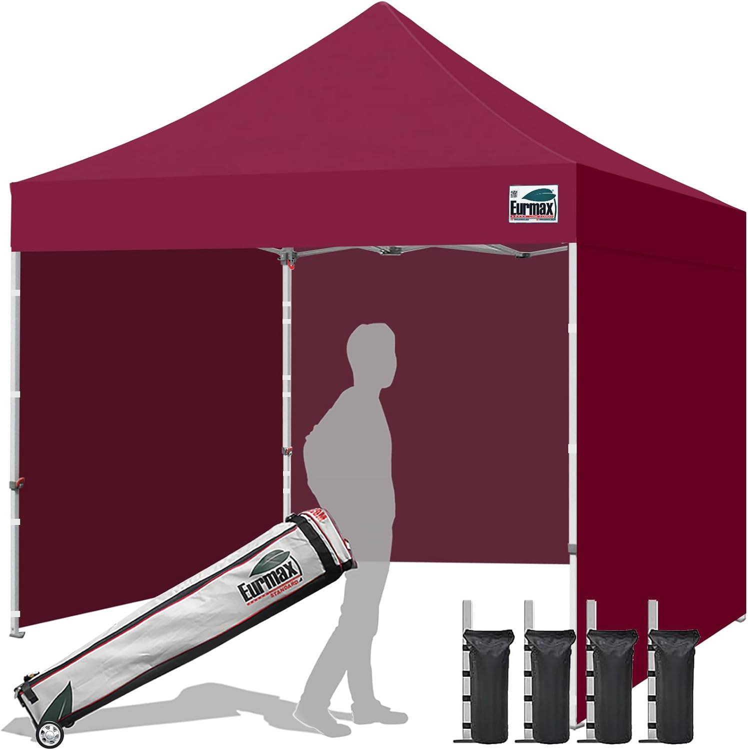 Eurmax USA 10x10 Pop Up Canopy Tent,Commercial Tent with Patented No-Tip Rolling Bag,4 Zippered Removable Walls,UV & Water Resistant Canopy Top,Heavy Duty Outdoor Gazebo,Instant Shelter(Burgundy)