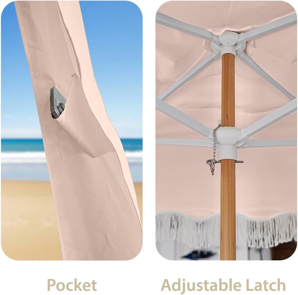 AMMSUN Beach Cabana with Fringe, 7' x 7' Boho Beach Canopy with Tassels, Easy Set up & Premium Wood Pole, Cabana Tent with Sand Pockets, Instant Sun Shade for Sand, Garden, Patio, Pink Coral