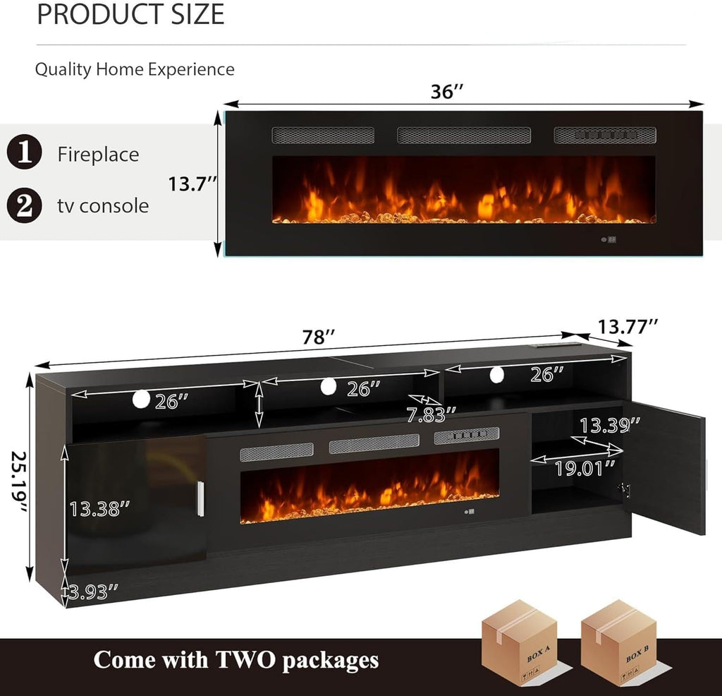 MXV 78' Fireplace TV Stand with Power Outlet for TVs UP to 90', Electric Fireplace Entertainment Center with LED Lights & Storage Cabinets, TV Console for Living Room, Office, Black-Black
