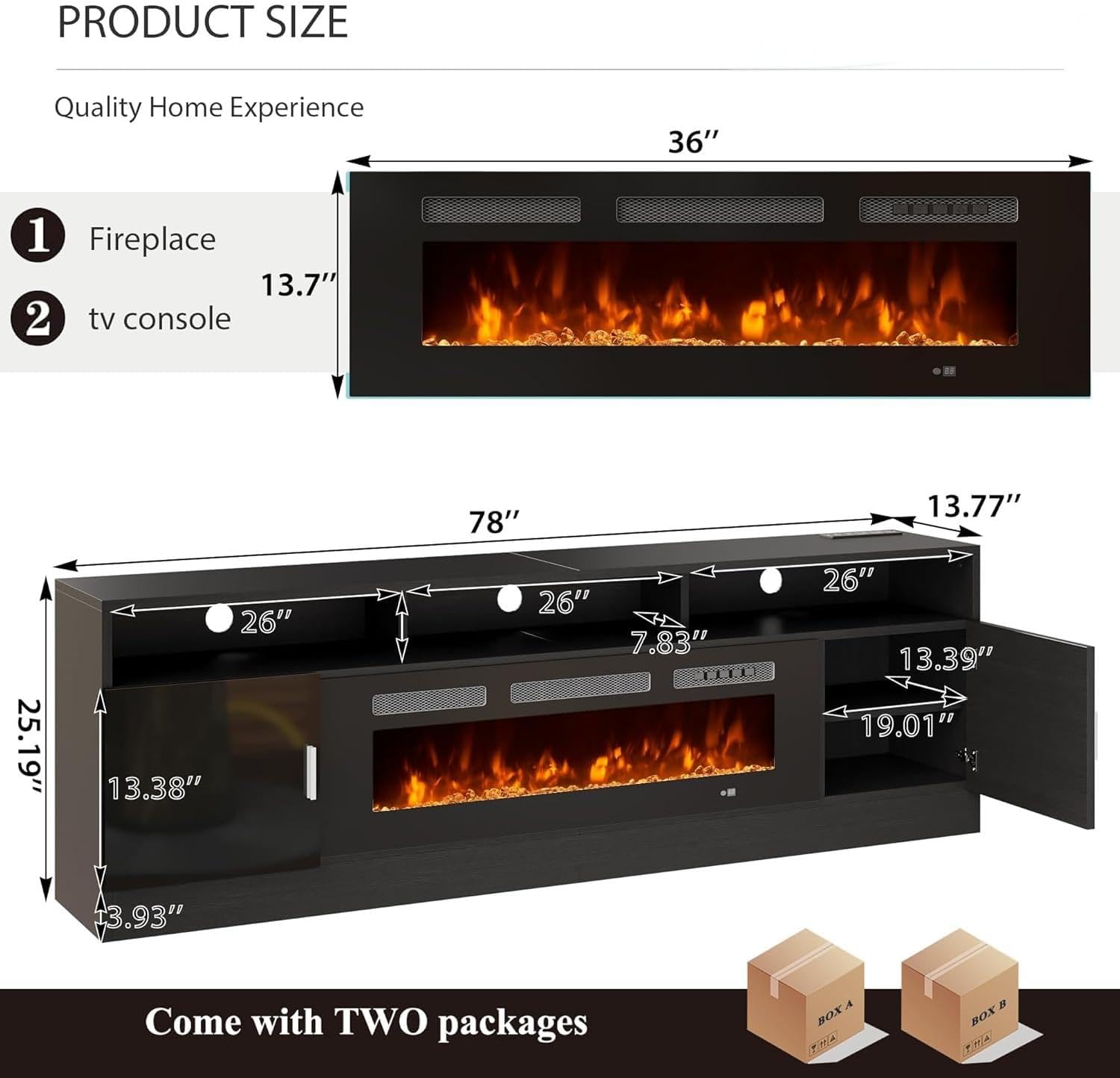 MXV 78' Fireplace TV Stand with Power Outlet for TVs UP to 90', Electric Fireplace Entertainment Center with LED Lights & Storage Cabinets, TV Console for Living Room, Office, Black-Black