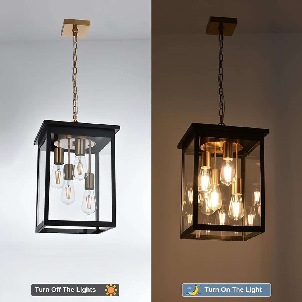 Yaohong Large Outdoor Pendant Light, 4-Lights Black and Brushed Brass Exterior Hanging Porch Chandelier Lantern with Clear Glass, Outdoor Ceiling Light Fixture for Entryway Gazebo Patio