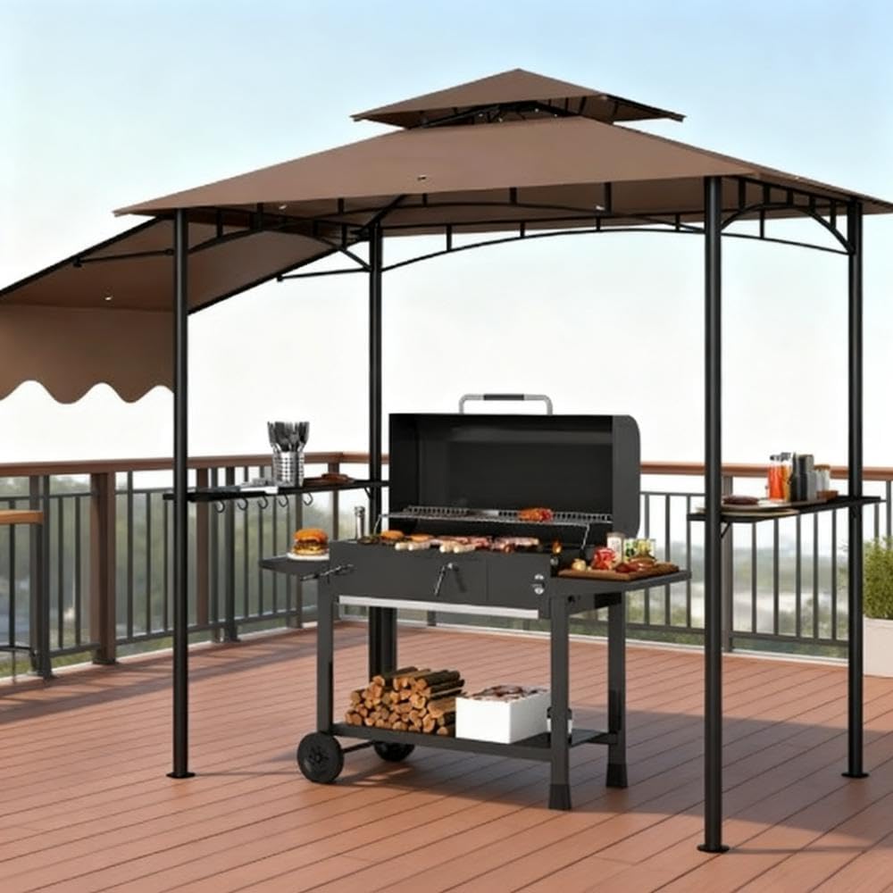 GOWE Ventilated Barbecue Gazebo Shelter,Outdoor Grill Gazebo,with Side Awning,Side Shelves and Hooks
