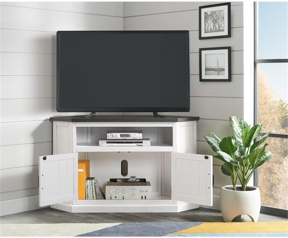 Martin Svensson Home Rustic Solid Wood Corner TV Stand - Entertainment Center White Stain with Grey Stain Top
