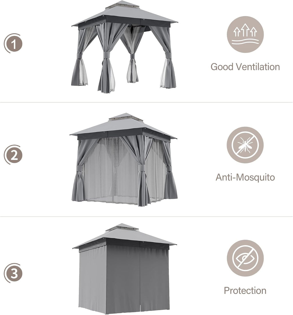 LAUSAINT HOME 8'x8' Outdoor Patio Gazebo with 50FT String Lights, Heavy Duty Party Tent & Shelter with Double Roofs, Mosquito Nettings and Privacy Screens for Backyard, Garden, Deck (Grey)