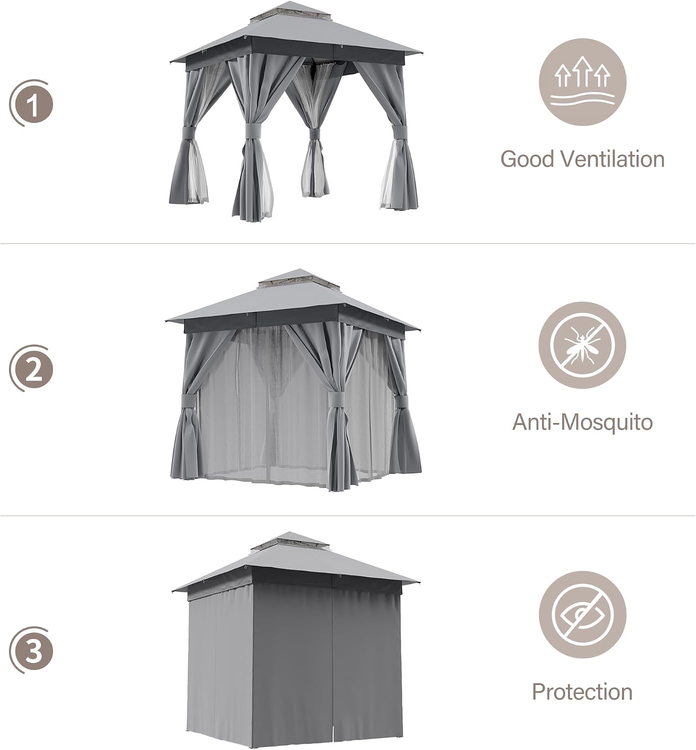 LAUSAINT HOME 8'x8' Outdoor Patio Gazebo with 50FT String Lights, Heavy Duty Party Tent & Shelter with Double Roofs, Mosquito Nettings and Privacy Screens for Backyard, Garden, Deck (Grey)