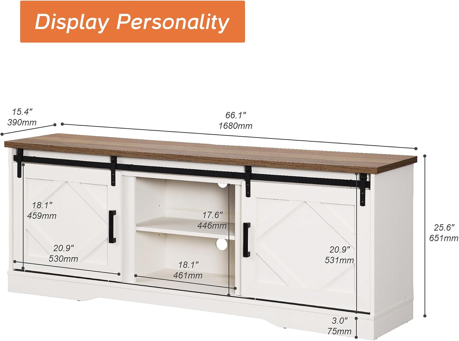 WAMPAT Modern Farmhouse TV Stand for TVs up to 75' with Sliding Barn Doors, 25.6' H Wood Entertainment Center with Adjustable Media Storage Shelf for Living Room, Antique White