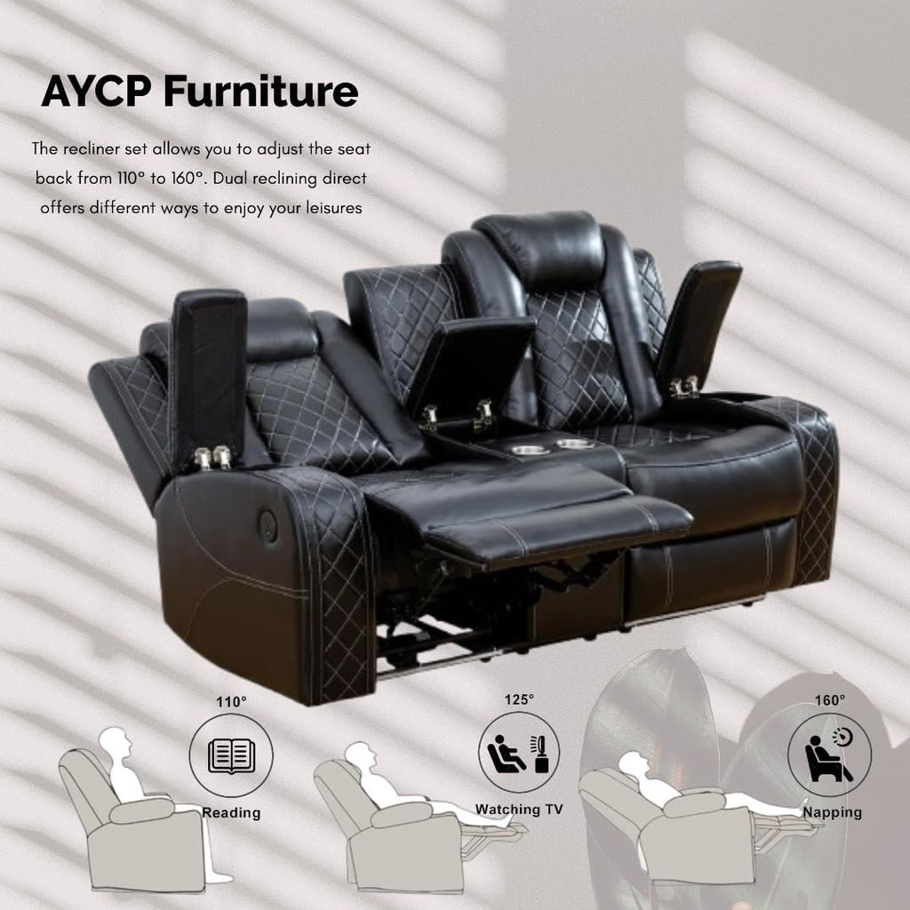 Power Recliner Set with LED Lights, Air Leather Reclining Set with USB Port/Wireless Charger/Storage Console/Cup Holder for House/HomeTheater/Apt (Black, Sofa Loveseat)