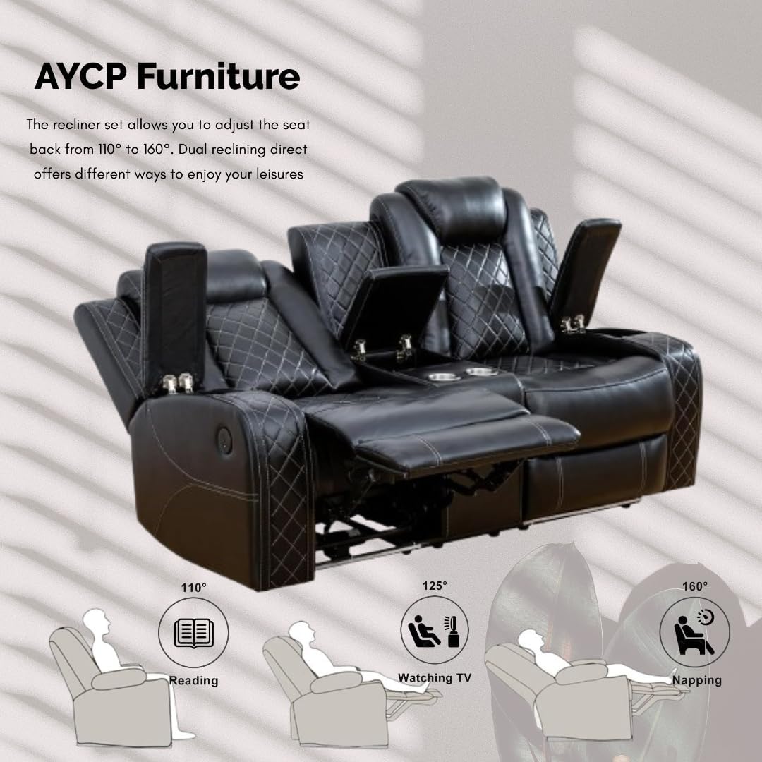 Power Recliner Set with LED Lights, Air Leather Reclining Set with USB Port/Wireless Charger/Storage Console/Cup Holder for House/HomeTheater/Apt (Black, Sofa Loveseat)