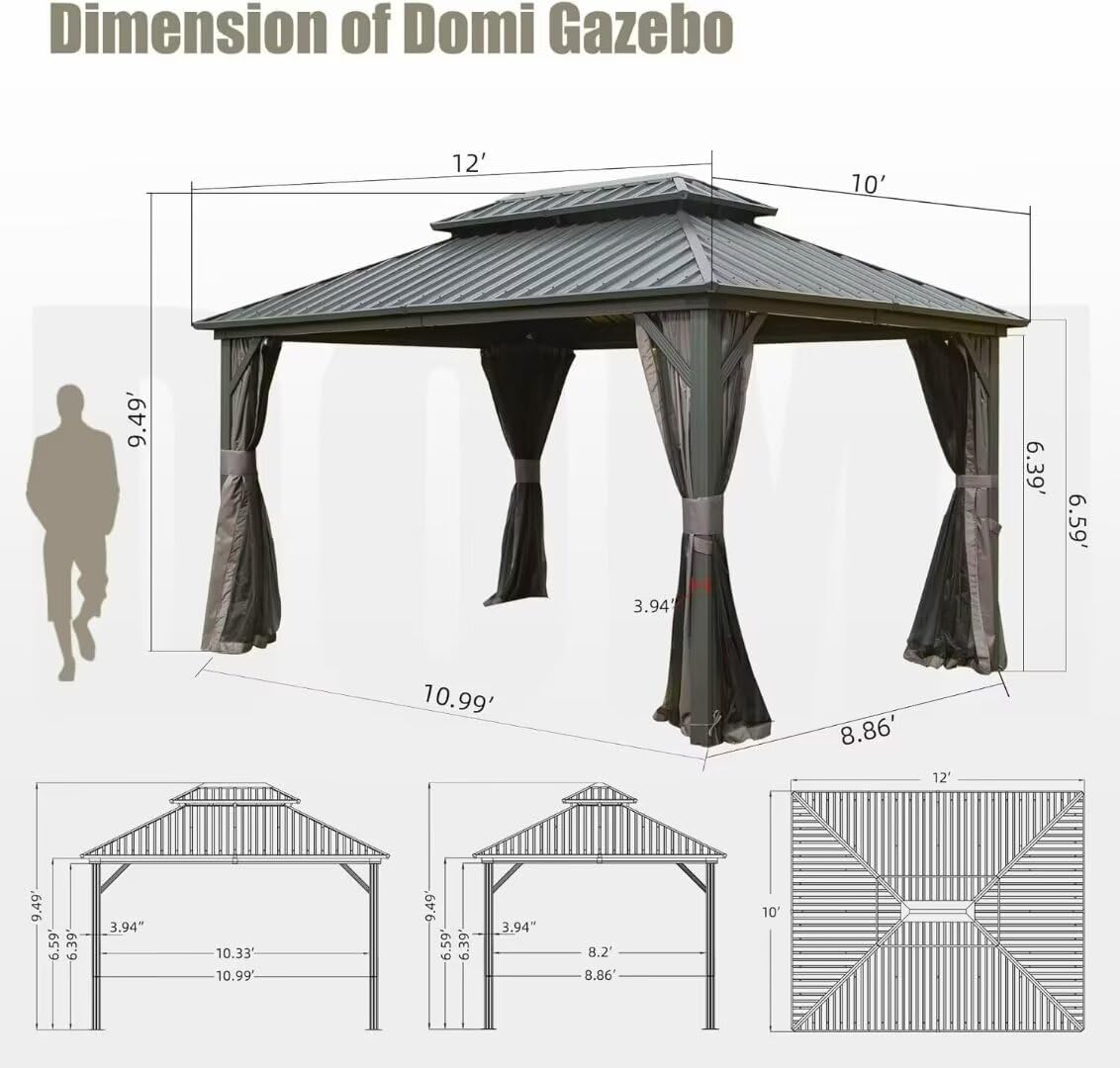 Domi 10x12FT Outdoor Gazebo, Patio Gazebo with Galvanized Steel, Hardtop Gazbo for Patio, Deck, Backyard, Curtain and Netting Included