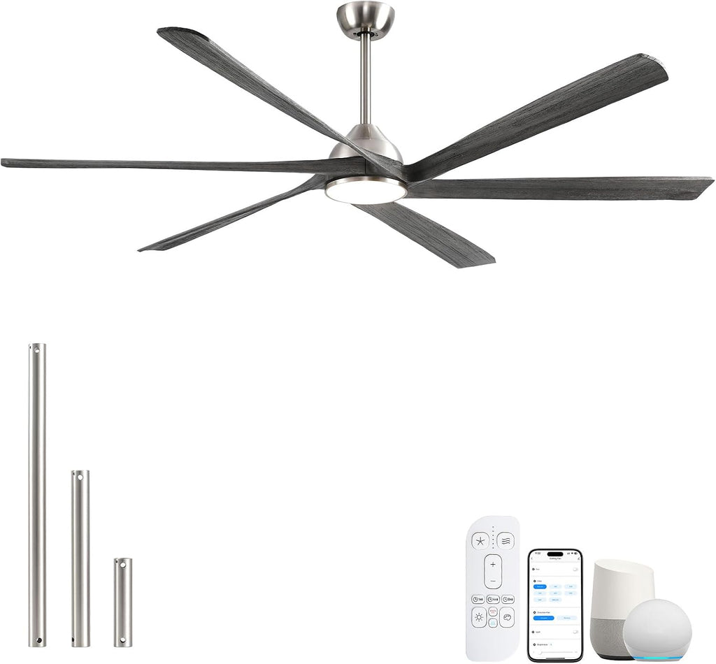 72 Inch Outdoor Smart Ceiling Fan with Light, Alexa App Remote Control, 6 Solid Wood Propeller Blade, High CFM Quiet Reversible DC Motor, Modern Farmhouse for Indoor Living Room Exterior Patio