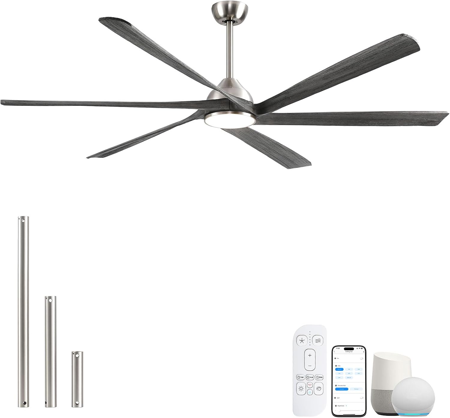 72 Inch Outdoor Smart Ceiling Fan with Light, Alexa App Remote Control, 6 Solid Wood Propeller Blade, High CFM Quiet Reversible DC Motor, Modern Farmhouse for Indoor Living Room Exterior Patio