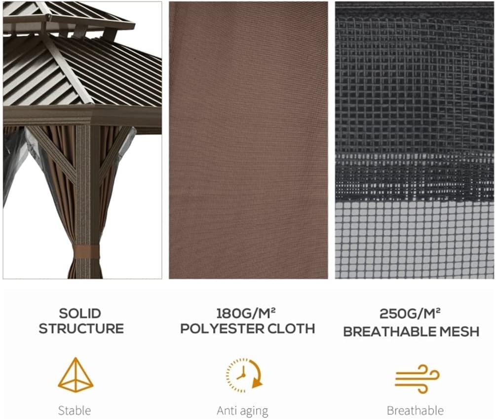 12'x12' Metal Roof Gazebo Canopy with Curtains and Netting, Outdoor Hardtop Gazebo with Aluminum Frame for Backyards