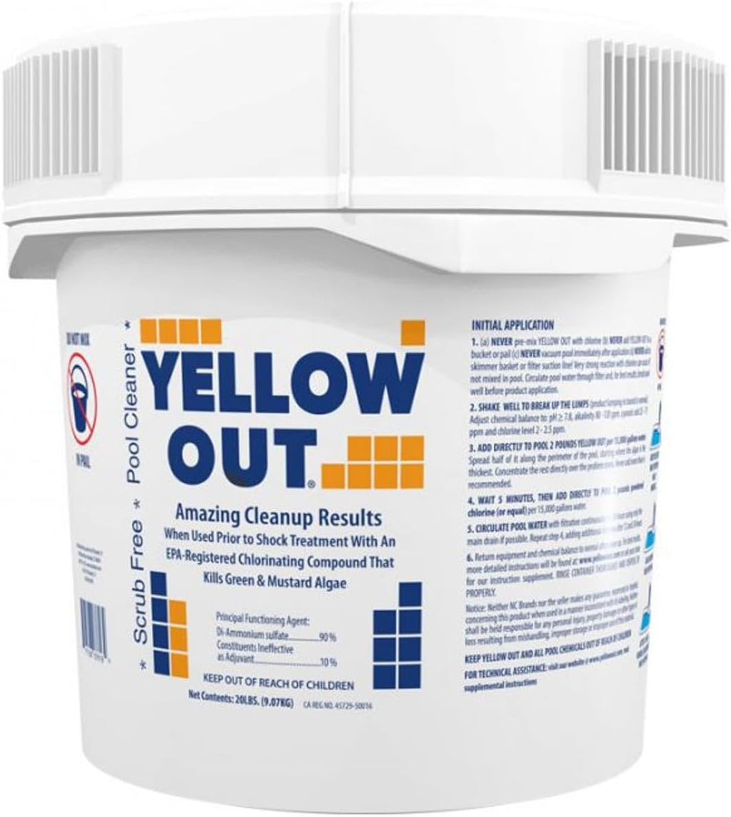 Yellow Out Swimming Pool Chlorine Shock Enhancing Treatment - 20 lbs, 24-Hour Algae Removal with My Garden Pool 20 Ct. Test Strips & Scum Sponge Flower Oil-Absorbing Sponge for Hot Tubs and Pools
