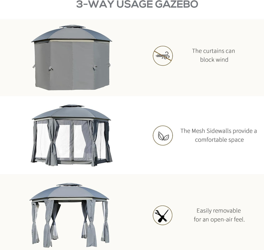 Outsunny 12' x 12' Round Outdoor Gazebo, Patio Dome Gazebo Canopy Shelter with Double Roof, Netting Sidewalls and Curtains, Zippered Doors, Strong Steel Frame, Grey