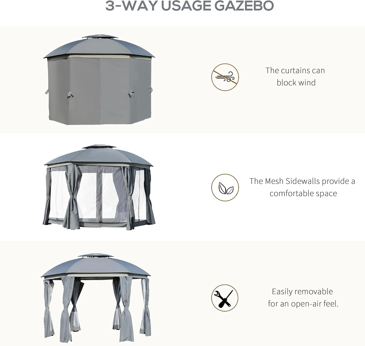 Outsunny 12' x 12' Round Outdoor Gazebo, Patio Dome Gazebo Canopy Shelter with Double Roof, Netting Sidewalls and Curtains, Zippered Doors, Strong Steel Frame, Grey