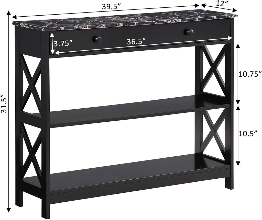 Convenience Concepts Oxford 1 Drawer Console Table with Shelves, Black Faux Marble/Black