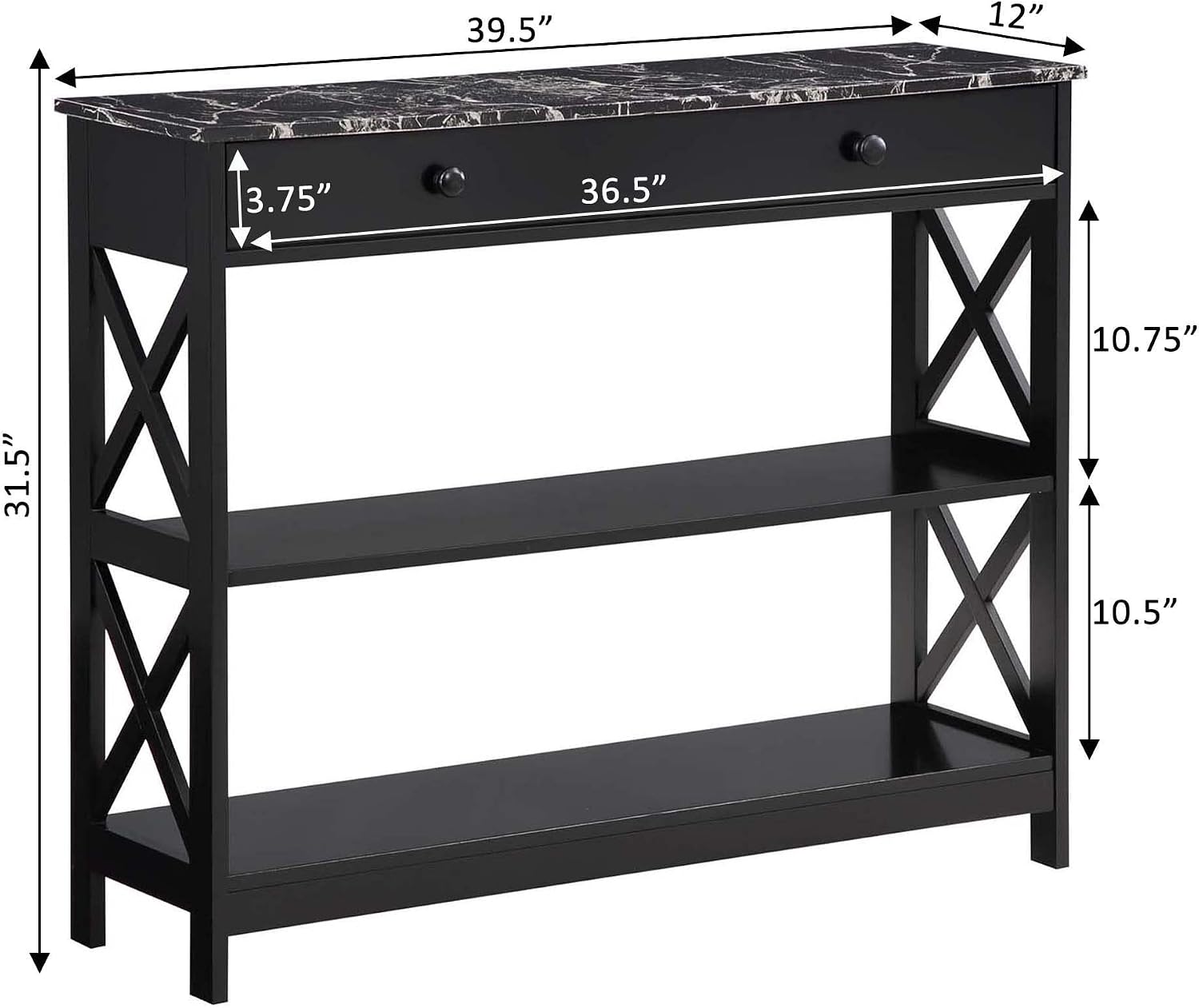 Convenience Concepts Oxford 1 Drawer Console Table with Shelves, Black Faux Marble/Black
