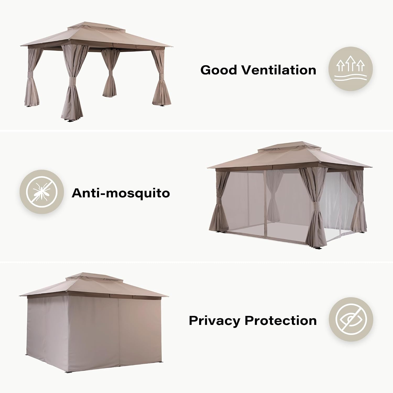 LAUSAINT HOME Gazebo 10x13ft, Heavy Duty Patio Gazebo with Expansion Bolts, Party Canopy Tent with Double Roofs, Mosquito Nettings and Privacy Screens for Backyard, Garden, Lawn, Khaki