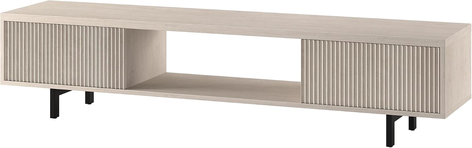 Henn&Hart Fluted TV Stand for TVs up to 78' with 2 Ribbed Side Storage Cabinets and Open Center Storage for Living Room, Family Room, or Office, Beech White