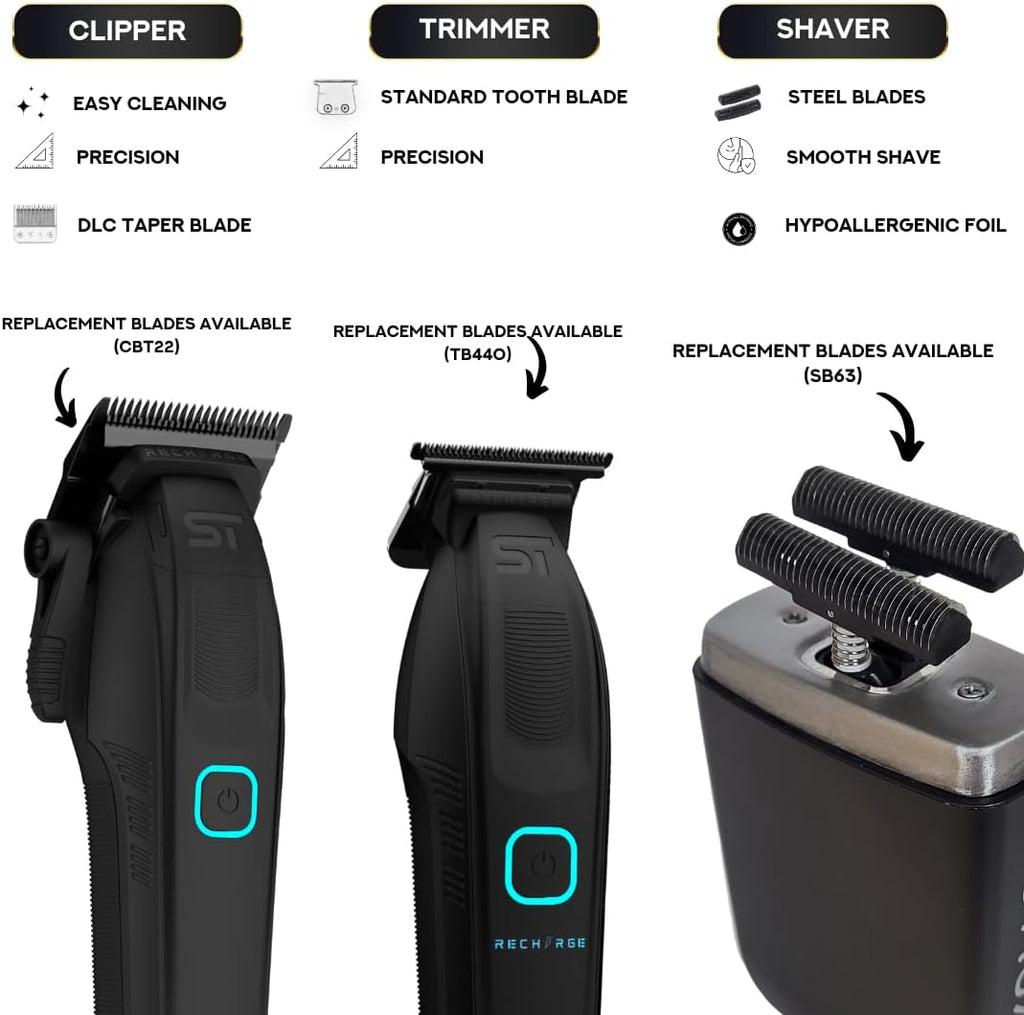 Supreme Trimmer 3-in-1 Recharge Hair Clipper, Beard Trimmer & Crunch Foil Shaver Combo | Removable Batteries, Smart USB Charging Base, Master Barber Set | STB775 + STF602