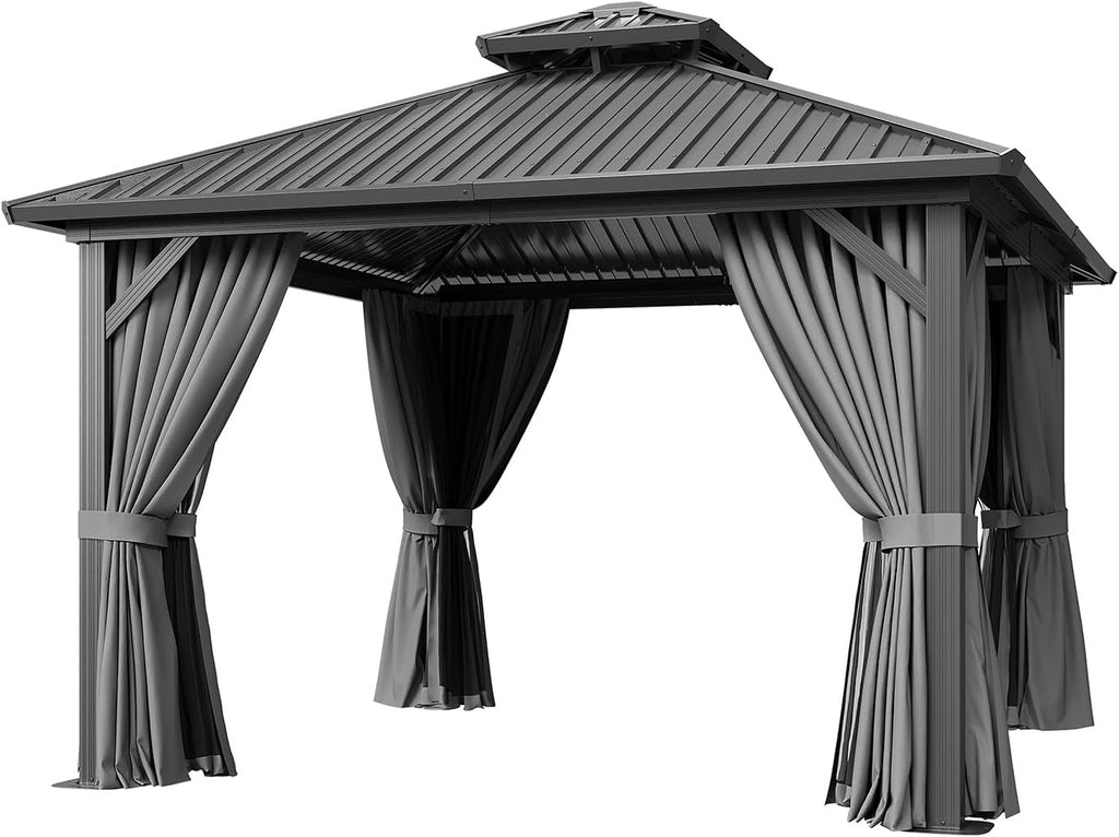 12' x 12' Hardtop Gazebo, Aluminum Frame with Double Galvanized Steel Roof, Outdoor Metal Pavilion with Netting and Curtains for Patio, Backyard, and Deck