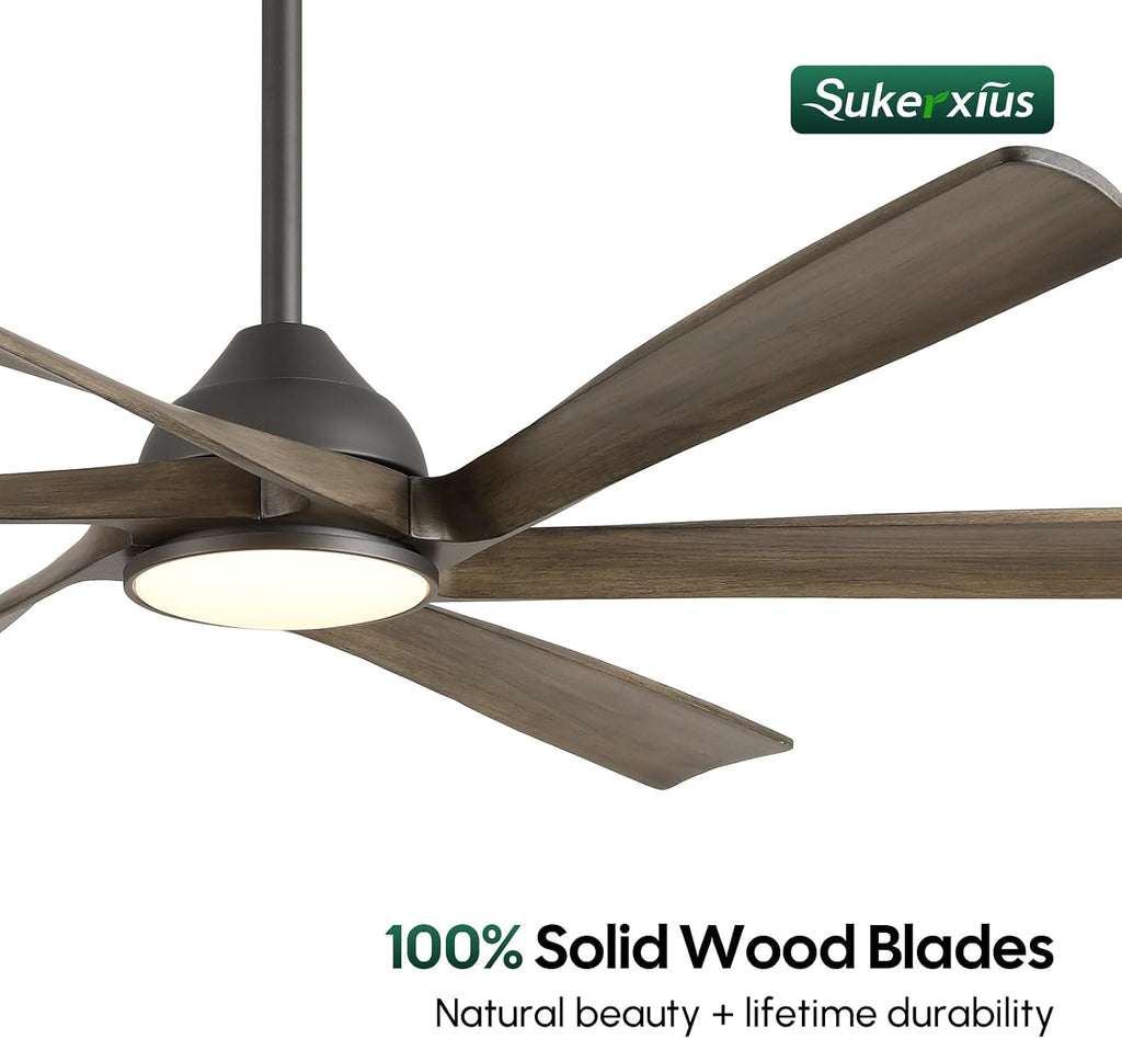 60 Inch Outdoor Ceiling Fan with Light and Remote, Rustic Farmhouse Smart Ceiling Fans with WiFi App/Alexa Voice Control, 6 Solid Wood Blades, Quiet Reversible DC Motor, Damp Rated for Covered Patio