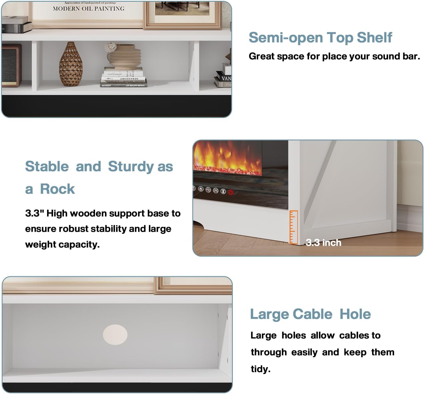 PRETZI 65' Fireplace TV Stand with 60' Glass Electric Fireplace for TVs Up to 75 inch, Modern Fireplace Entertainment Center with Open Storage Shelf, Media Console TV Cabinet for Living Room, White