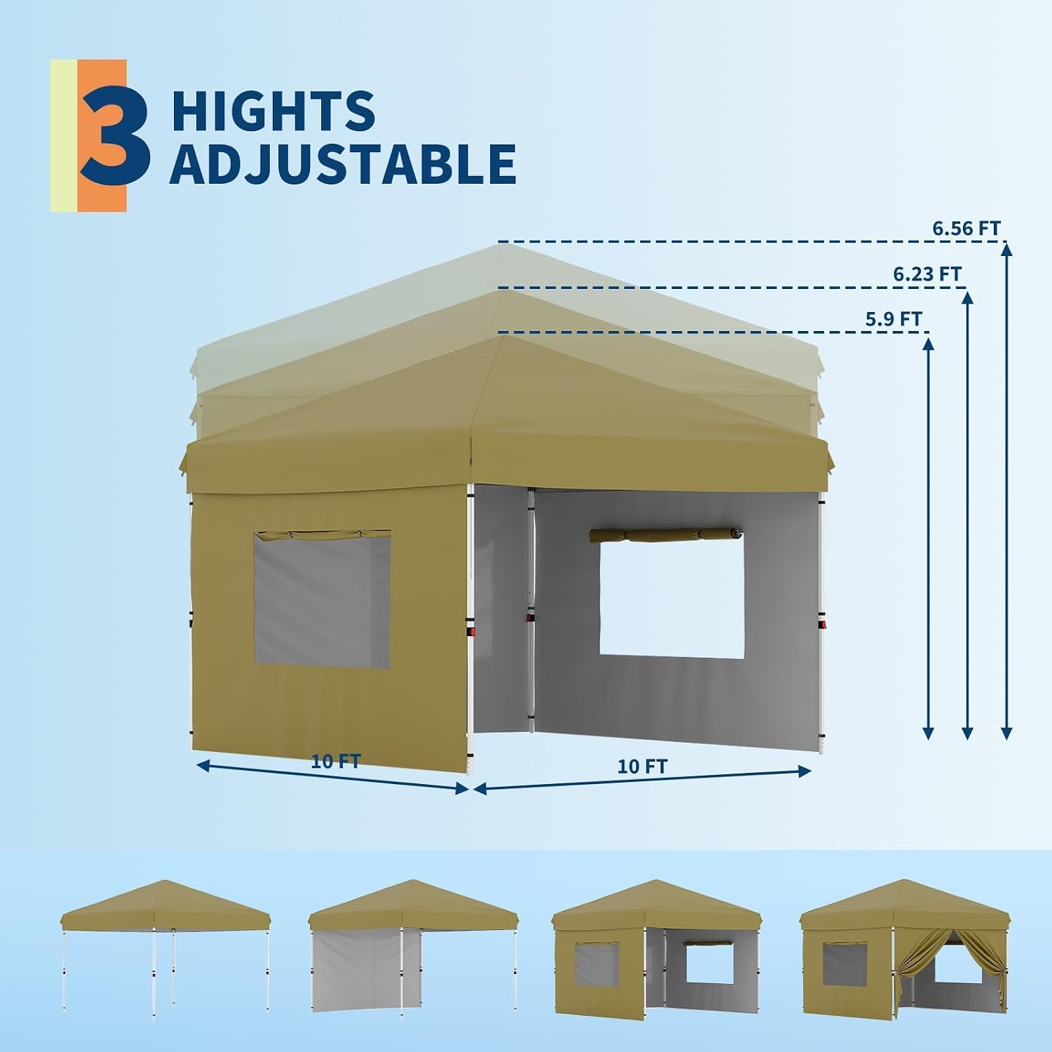 10'x10' Khaki Pop Up Canopy Tent with 3 Sidewalls, Waterproof and UV Resistant Outdoor Gazebo, Easy Up Sun Shade Shelter for Parties, Events, Backyard, Camping