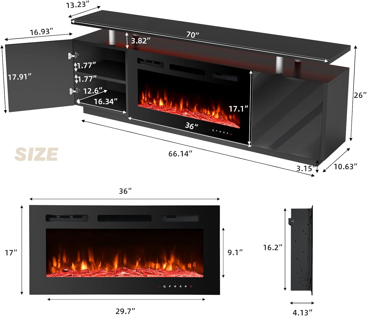 EROMMY 70'' Fireplace TV Stand with 36'' Electric Fireplace, Entertainment Center with 12 Flame Fireplace Insert Heater and 16 Color Led Lights, TV Console for TVs up to 80'' for Living Room, Black