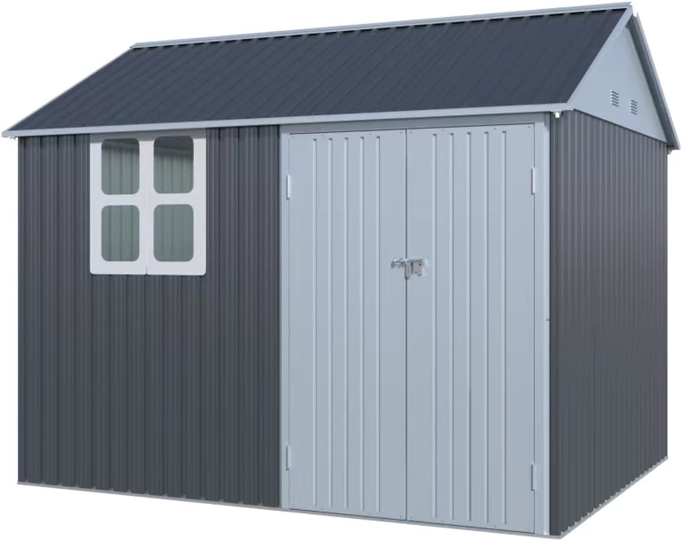VanAcc 10x8x8 FT Shed 4-pane Window Nordic Cottage Storage Shed Outdoor Metal Garden House Double Hinged Lockable Doors for Backyard Garden Patio Lawn Dark Grey/White