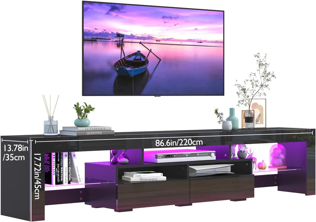 Uspeedy 86.6in TV Stands for 85/90/95 inch TV,Modern LED TV Stand for Living Room,Black TV Stands,High Gloss TV Entertainment Center with Storage Drawer,APP RGB Light