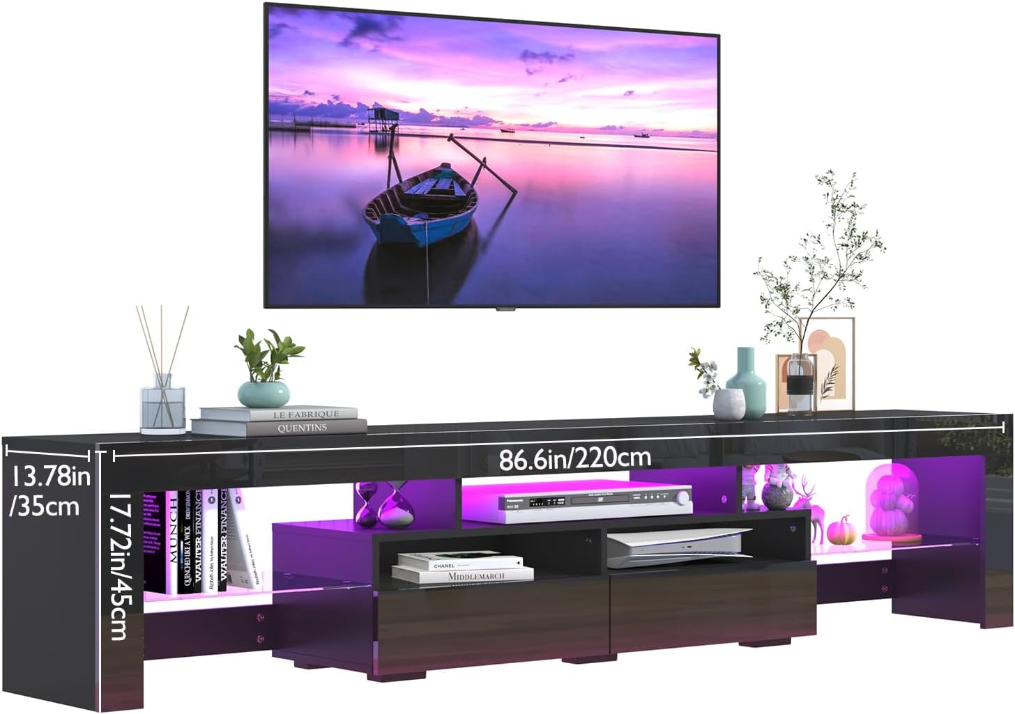Uspeedy 86.6in TV Stands for 85/90/95 inch TV,Modern LED TV Stand for Living Room,Black TV Stands,High Gloss TV Entertainment Center with Storage Drawer,APP RGB Light