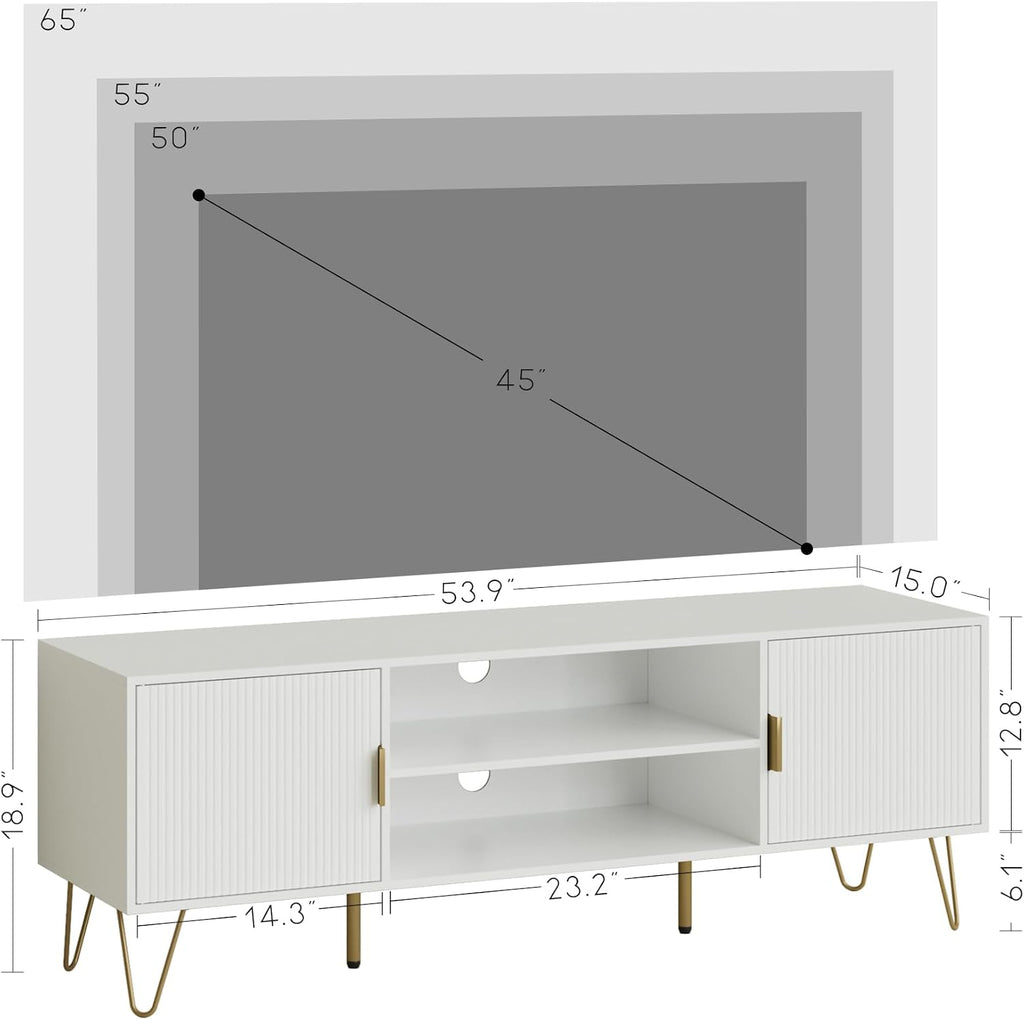 TV Stand for 55-65 Inch TV, Entertainment Center with Soft Hinge Door,TV Console Table with 2 Cabinets with Gold Handle and Feet,for Living Room, Bedroom, White