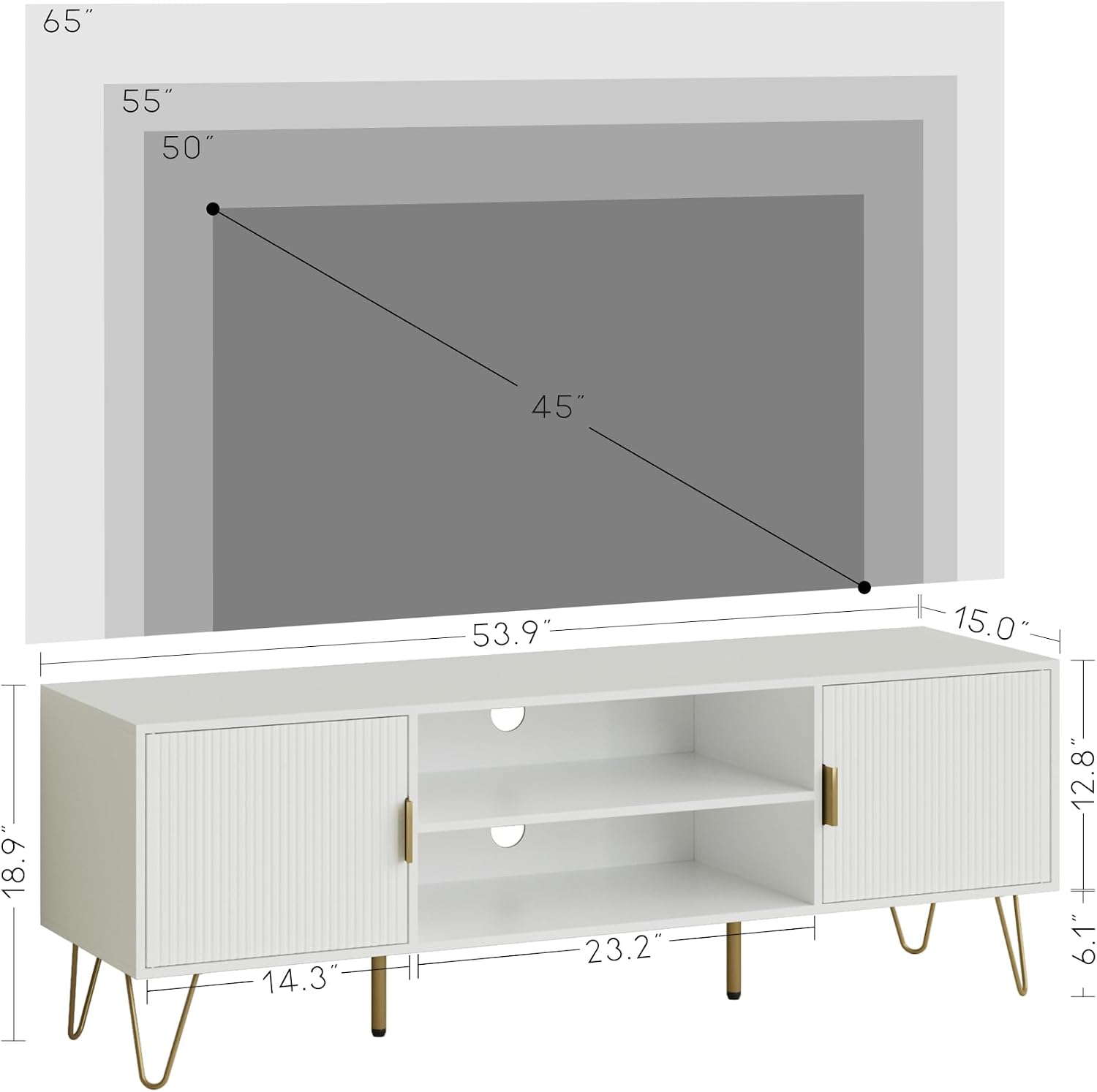TV Stand for 55-65 Inch TV, Entertainment Center with Soft Hinge Door,TV Console Table with 2 Cabinets with Gold Handle and Feet,for Living Room, Bedroom, White