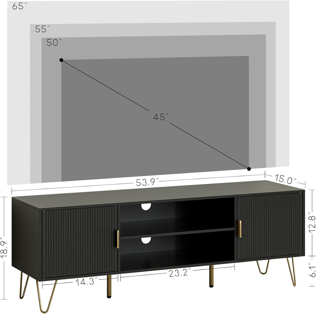 TV Stand for 55-65 inch TV, Entertainment Center with Soft Hinge Door,TV Console Table with 2 Cabinets with Gold Handle and Feet,for Living Room, Bedroom, Black