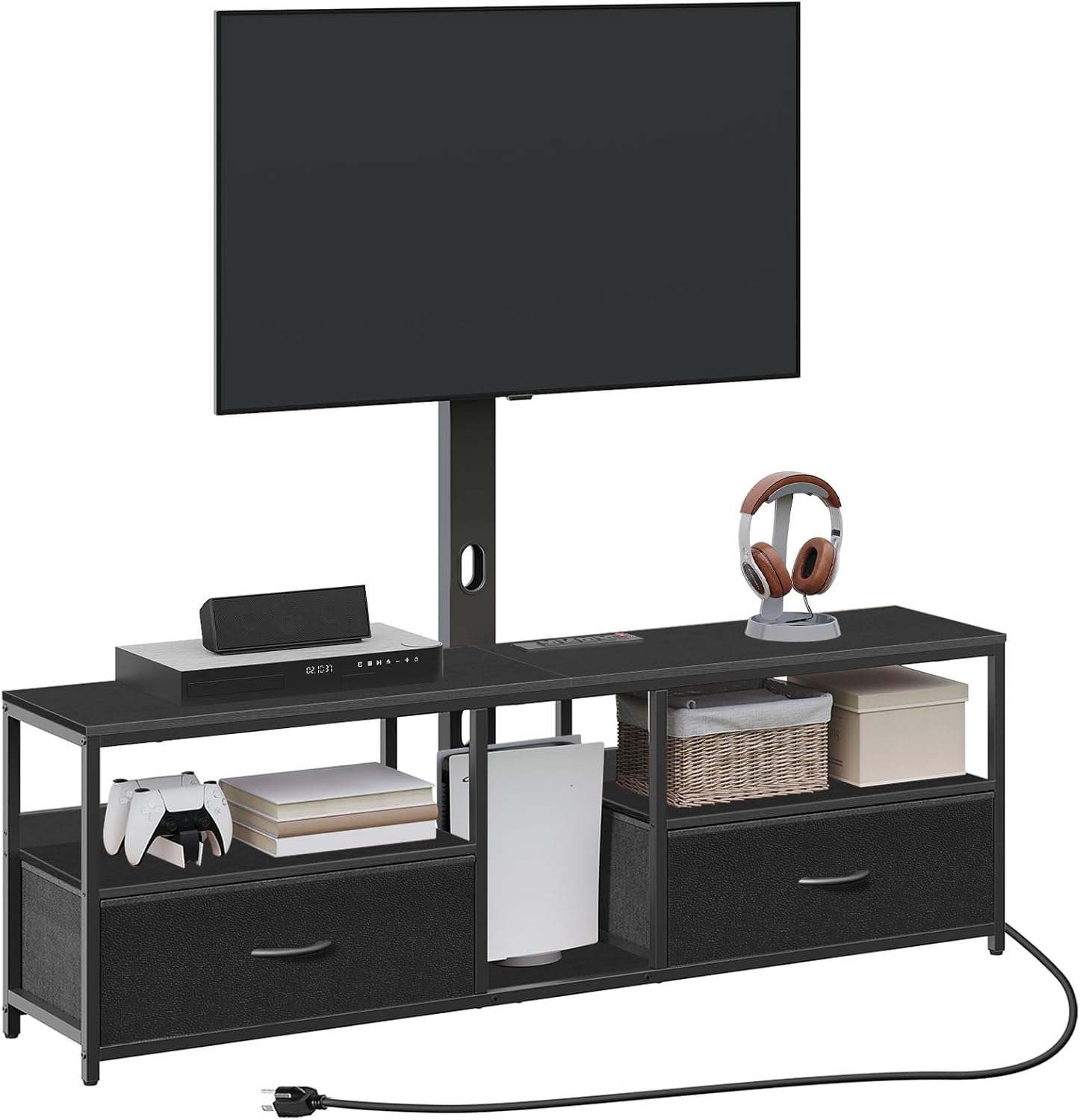 MAHANCRIS TV Stand with Mount for up to 75', Entertainment Center with Switch-Controlled Charging Station, Swivel TV Stand Mount with Fabric Drawers, for Living Room, Black TVBK154E01N2