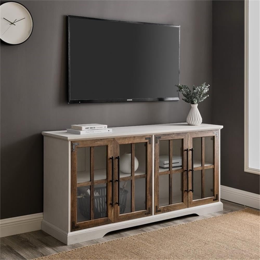 Pemberly Row 58' 4-Glass Door TV Stand Console, Brushed White and Rustic Oak Finish, Adjustable Shelves, Cord Management, Soft Close Hinges, Farmhouse Media Console for Living Room, Fits up to 64' TV