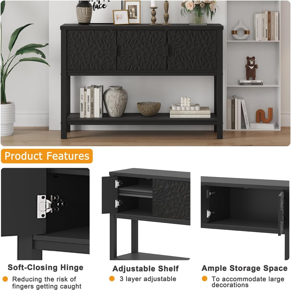 FATORRI Black Console Table with Storage, 47' Modern Farmhouse Entryway Table with 3 Geometric Doors, Sofa Table for Hallway, Living Room, Foyer