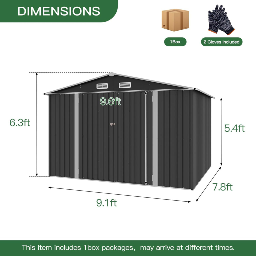 9.1' x 7.4' Outdoor Metal Storage Shed with Lockable Doors, Steel Utility Shed for Garden, Patio, Backyard & Lawn, Durable Black Design