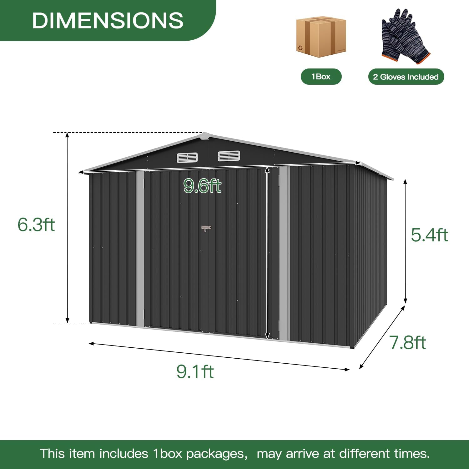 9.1' x 7.4' Outdoor Metal Storage Shed with Lockable Doors, Steel Utility Shed for Garden, Patio, Backyard & Lawn, Durable Black Design