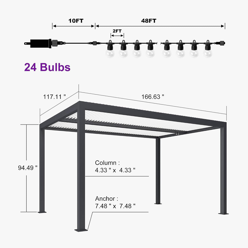 PURPLE LEAF Louvered Pergola 10' x 14' Outdoor Aluminum Pergola with Hidden Drainage System and Adjustable Sun Shade Roof Patio Hardtop Small Pergolas with Lights for Patio Dining Side Yard