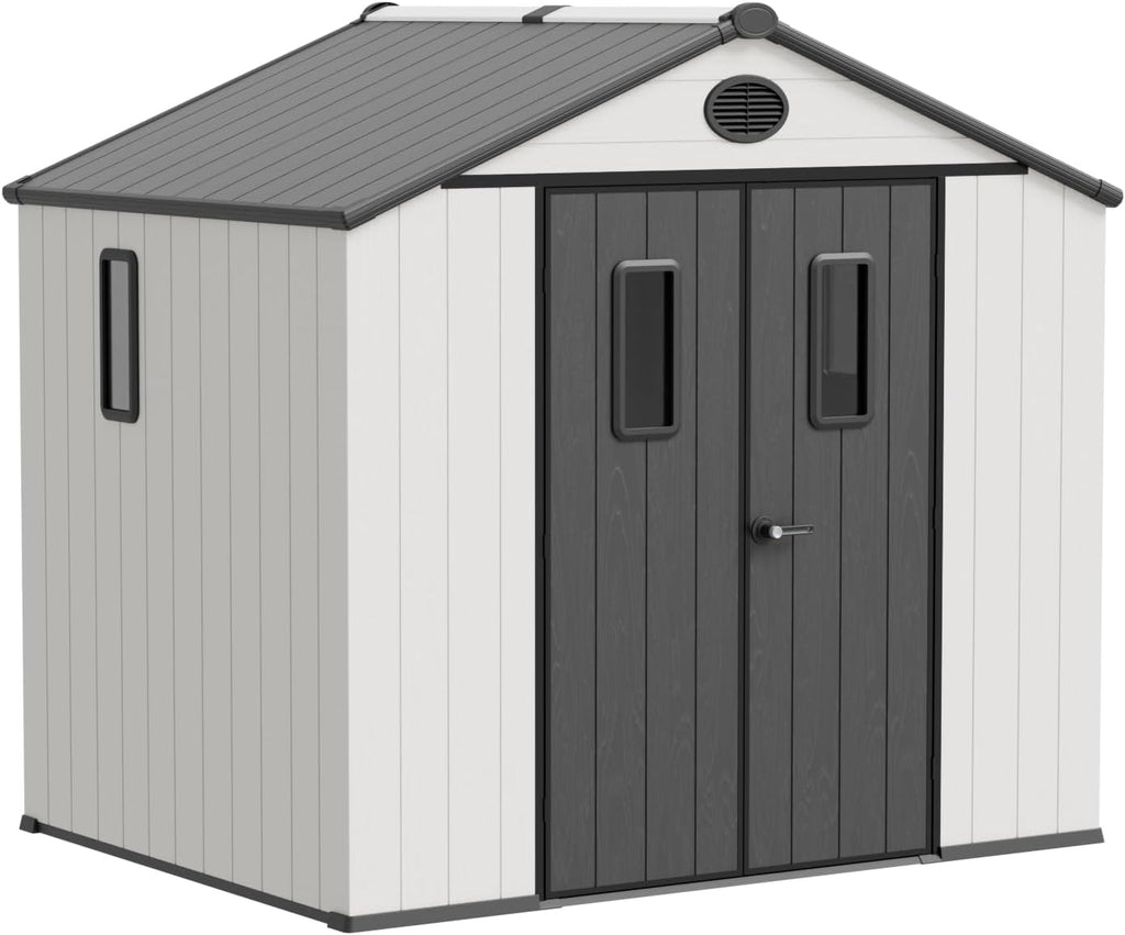 COOS BAY 8x6 Outdoor Storage Shed with Floor, Lockable Doors, All-Weather Resin Garden Tool Shed, White/Gray