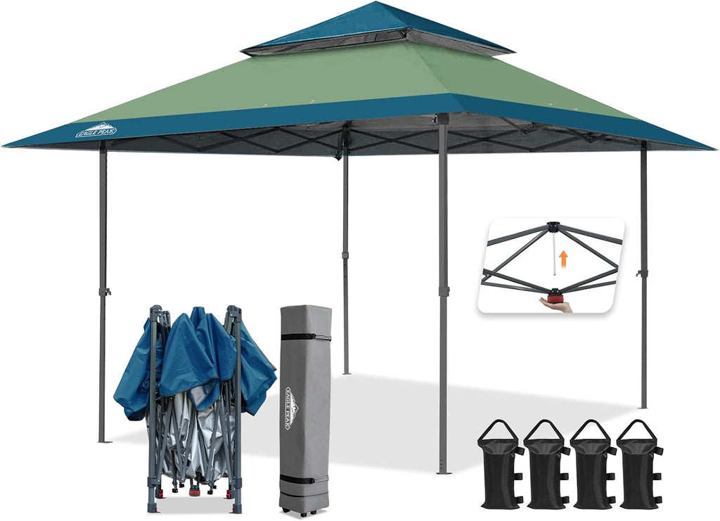 EAGLE PEAK 13x13 Straight Leg Pop Up Canopy Tent Instant Outdoor Canopy Easy Single Person Set up Folding Shelter w/Auto Extending Eaves 169 Square Feet of Shade (Light Green/Blue)