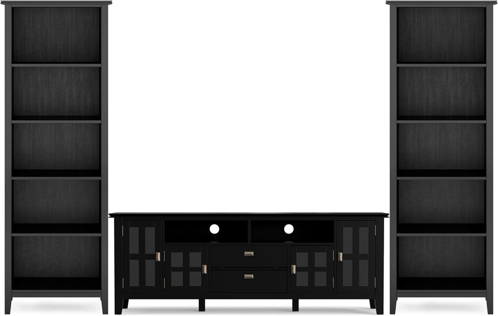 SIMPLIHOME Artisan TV Stand and Bookcase Bundle - 72 inch Wide Solid Wood TV Cabinet and 26 inch Wide Solid Wood Bookcases in Black, Contemporary Living Room Entertainment Bundle, Set of 3