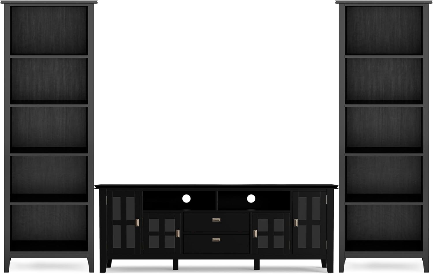 SIMPLIHOME Artisan TV Stand and Bookcase Bundle - 72 inch Wide Solid Wood TV Cabinet and 26 inch Wide Solid Wood Bookcases in Black, Contemporary Living Room Entertainment Bundle, Set of 3