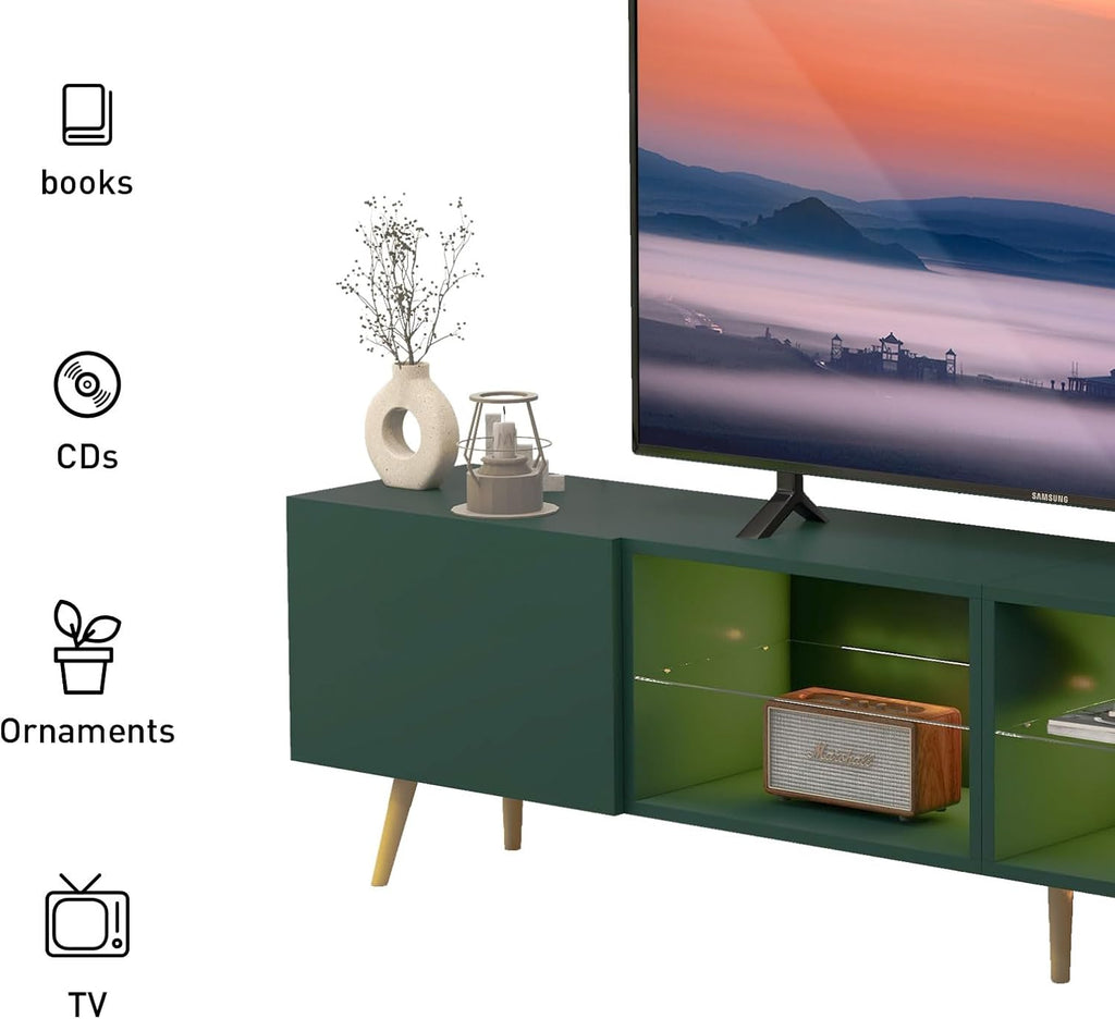 Bonzy Home 86' LED TV Stand, Modern Entertainment Center up to 90' TV, Television Console Table with Storage Cabinets for Living Room, Dark Green