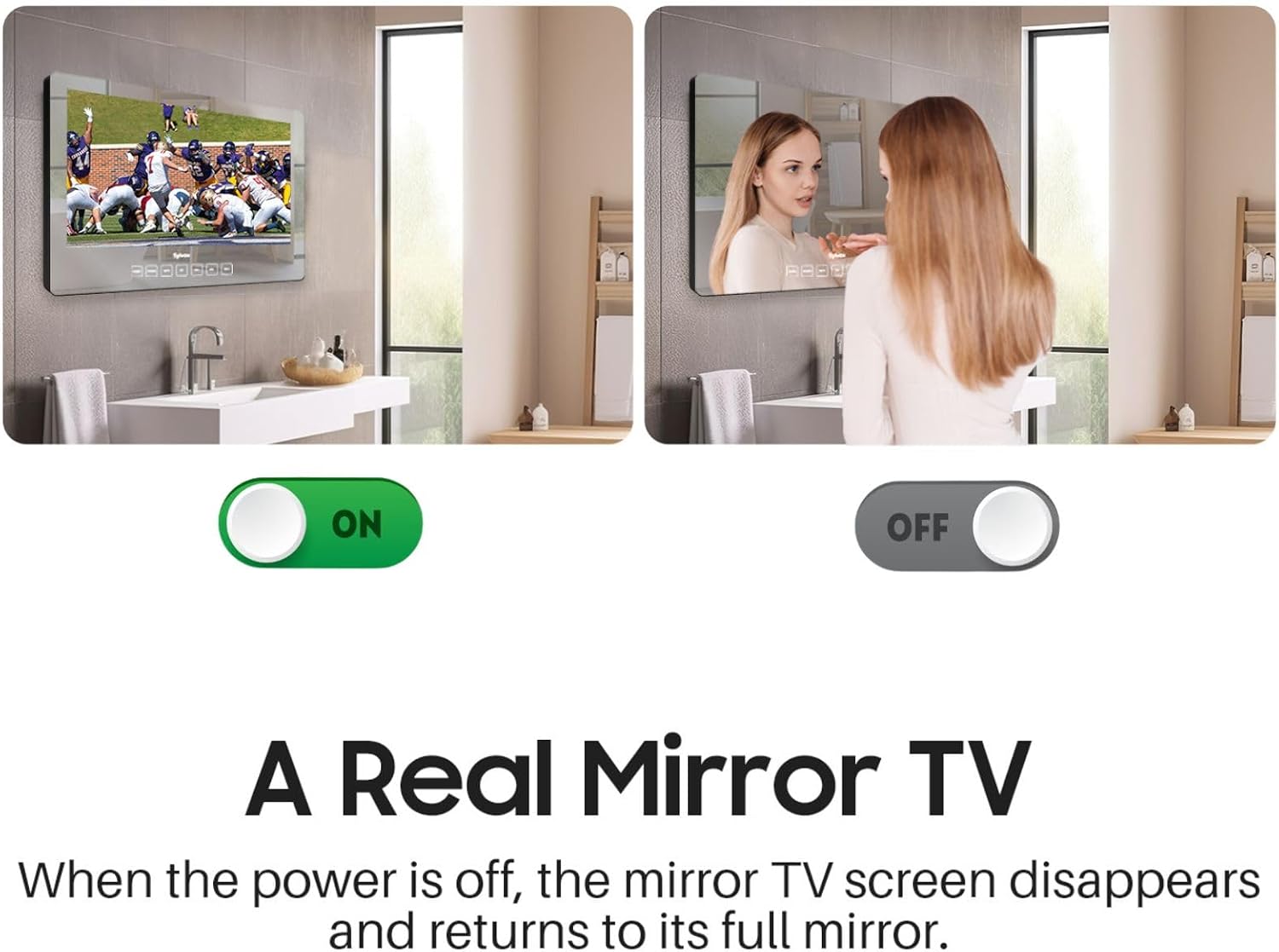 SYLVOX 32 inch Bathroom TV, 1080P Mirror Television with Google OS NTSC & ATSC Tuner WiFi Bluetooth Voice Remote, IP66 Waterproof Magic TV for Bathroom Bathtub Hotel Shower Spa (Wall Mount)