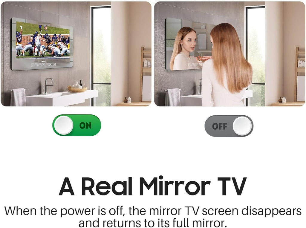SYLVOX 24 inch Bathroom TV, 1080P Mirror Television with Google OS NTSC & ATSC Tuner WiFi Bluetooth Voice Remote, IP66 Waterproof Magic TV for Bathroom Bathtub Hotel Shower Spa (Wall Mount)