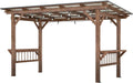 13' x 6.5' Wooden Pergola Grill Gazebo with Metal Roof & Bulbs & Bar Counters