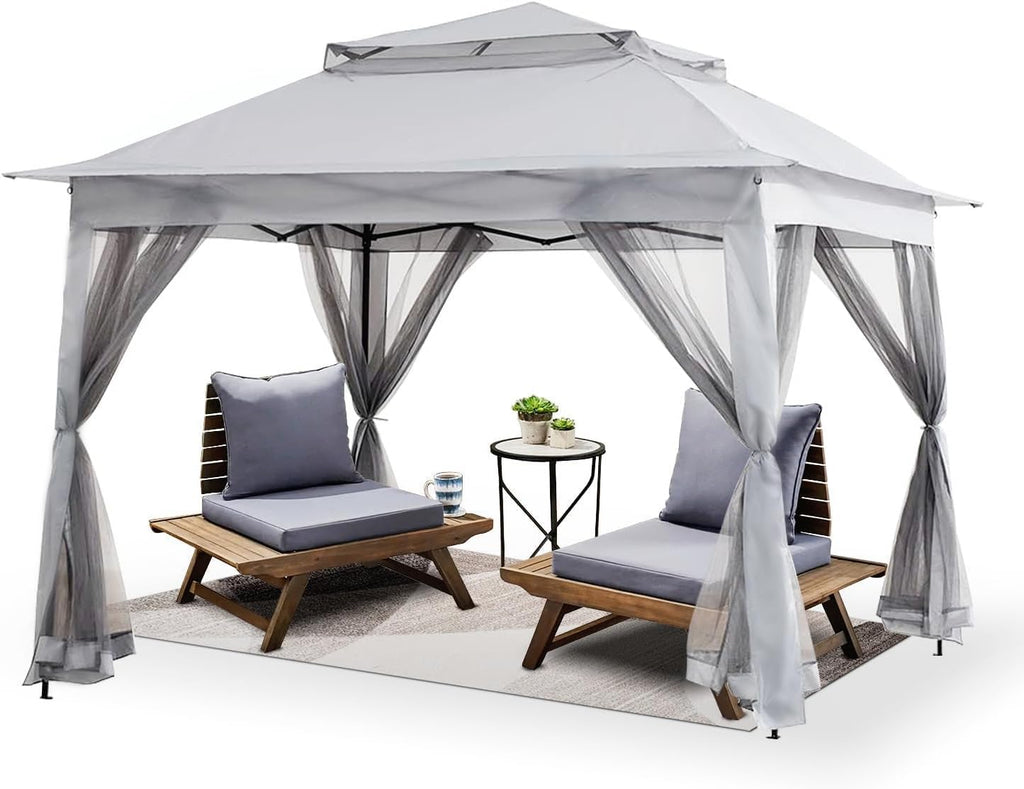 Patio Gazebo Outdoor Pop Up Gazebo with Curtains and Shelter for Patio, Party & Backyard (Grey, 11x11)